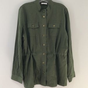 Susan Graver Olive green linen jacket. Gathered waist, Button close. Size M New